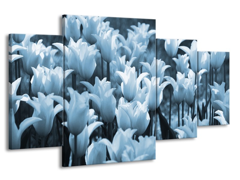 Canvas Schilderij Tulpen, Bloemen | Blauw, Grijs | 160x90cm 4Luik