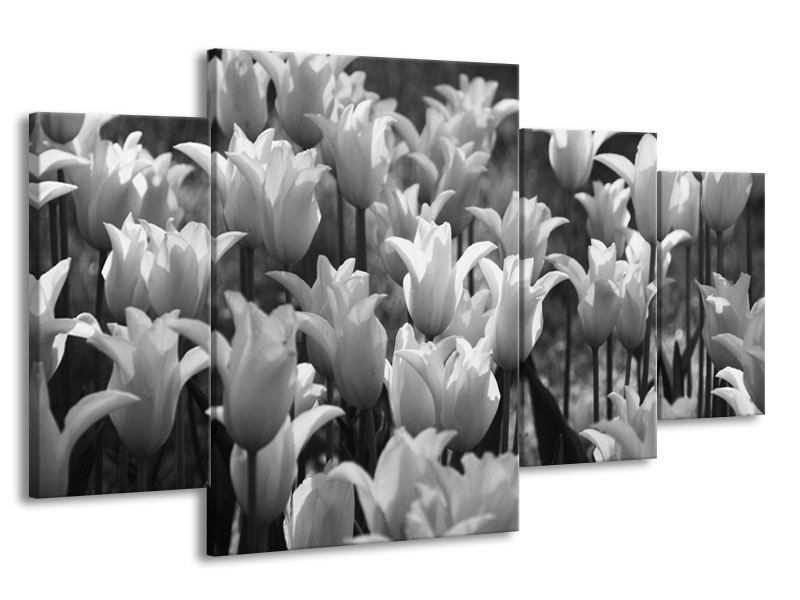 Canvas Schilderij Tulpen, Bloemen | Zwart, Grijs | 160x90cm 4Luik