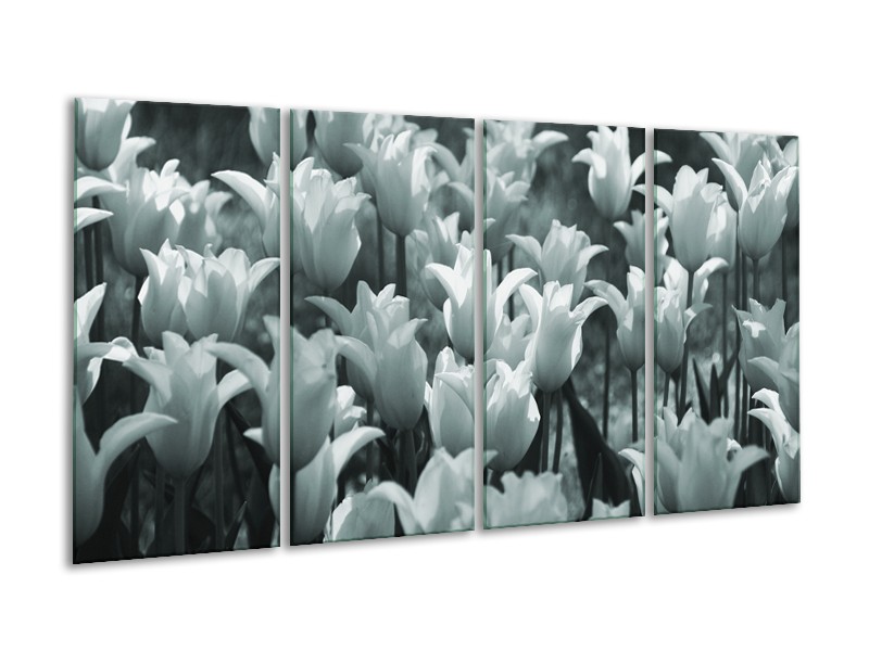 Canvas Schilderij Tulpen, Bloemen | Grijs, Groen | 160x80cm 4Luik