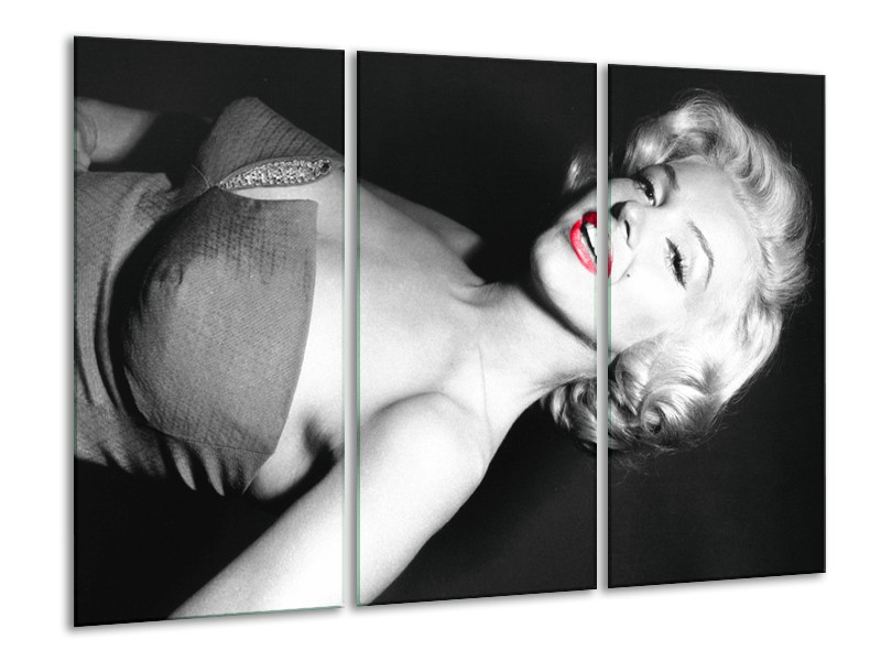 Glasschilderij Marilyn Monroe | Zwart, Grijs, Rood | 120x80cm 3Luik