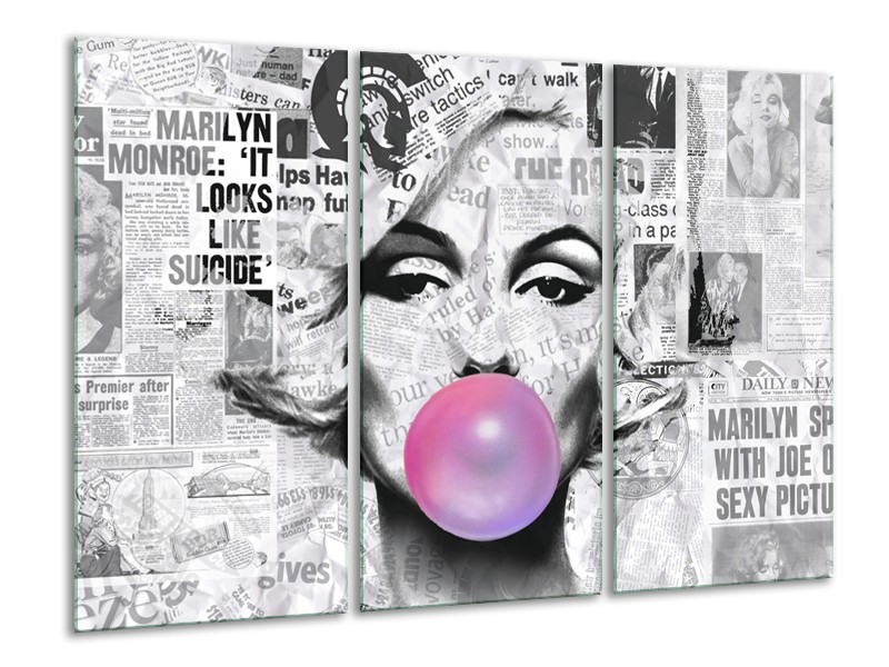 Canvas Schilderij Marilyn Monroe | Zwart, Grijs, Paars | 120x80cm 3Luik