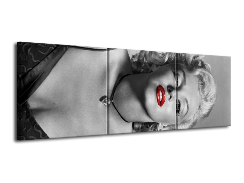 Canvas Schilderij Marilyn Monroe | Zwart, Wit, Rood | 120x40cm 3Luik