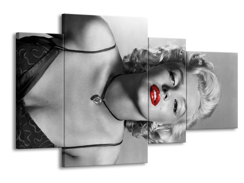 Canvas Schilderij Marilyn Monroe | Zwart, Wit, Rood | 120x75cm 4Luik