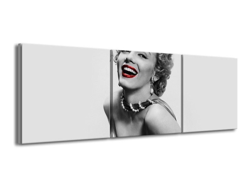 Glasschilderij Marilyn Monroe | Grijs, Wit, Rood | 150x50cm 3Luik