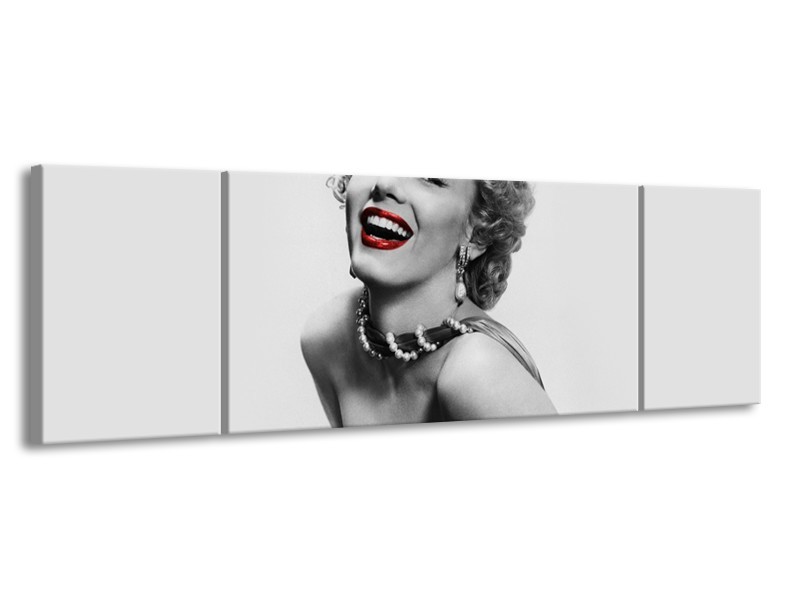 Glasschilderij Marilyn Monroe | Grijs, Wit, Rood | 170x50cm 3Luik