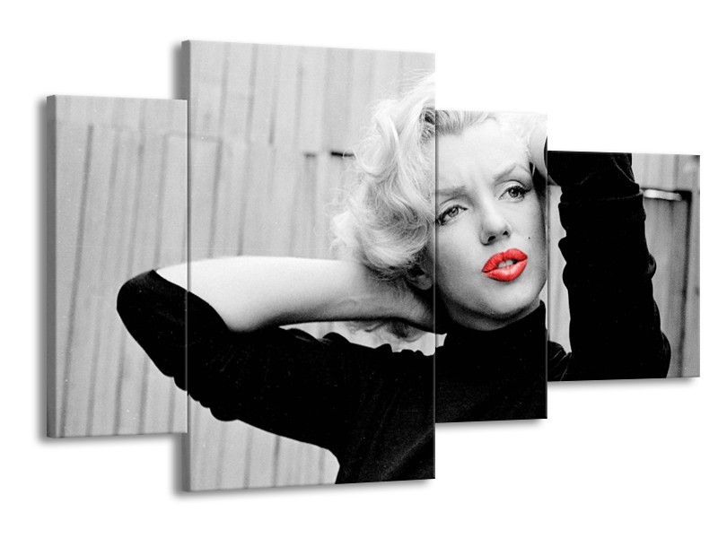 Canvas Schilderij Marilyn Monroe | Zwart, Wit, Rood | 120x75cm 4Luik