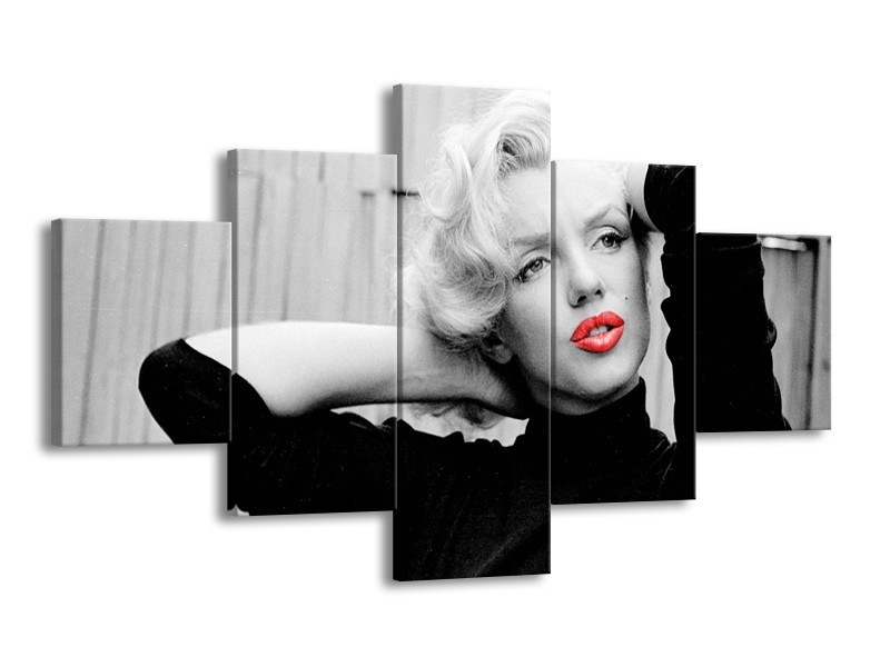 Canvas Schilderij Marilyn Monroe | Zwart, Wit, Rood | 125x70cm 5Luik