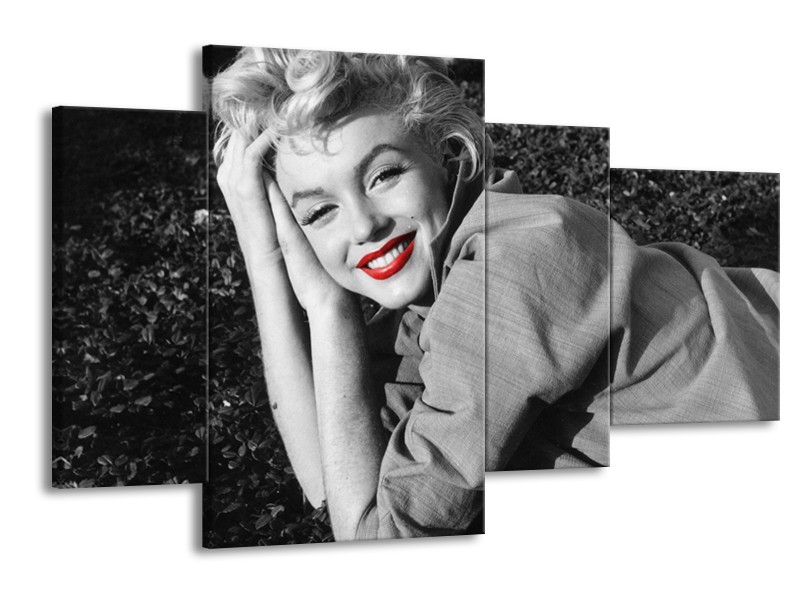 Canvas Schilderij Marilyn Monroe | Zwart, Wit, Rood | 120x75cm 4Luik