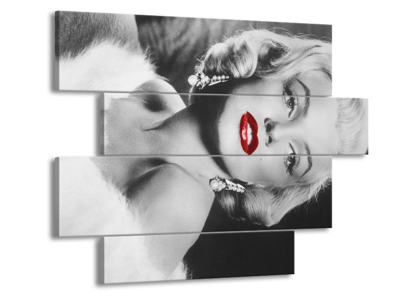 Canvas Schilderij Marilyn Monroe | Zwart, Wit, Rood | 115x85cm 4Luik