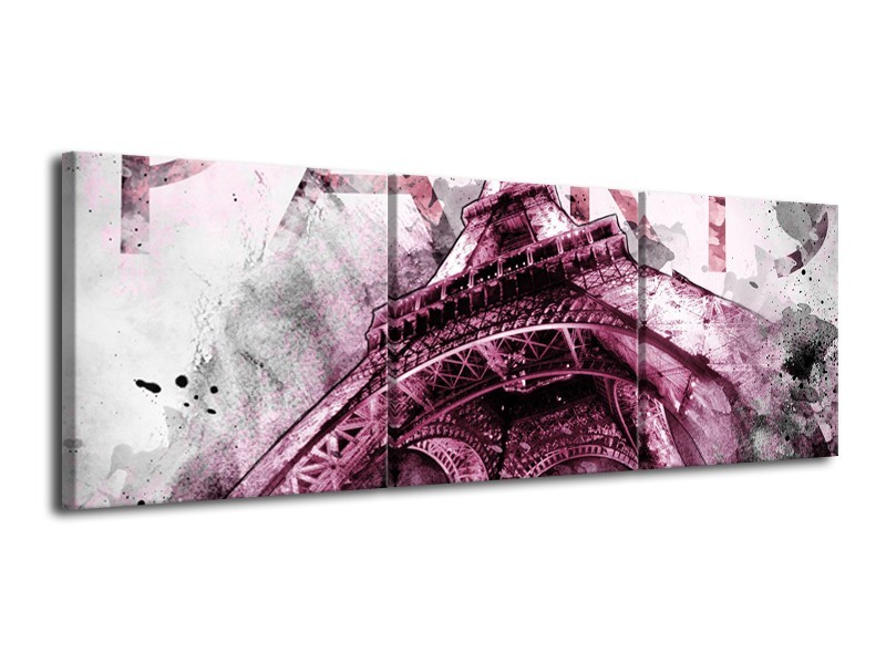 Canvas Schilderij Parijs, Eiffeltoren | Paars, Roze, Grijs | 120x40cm 3Luik