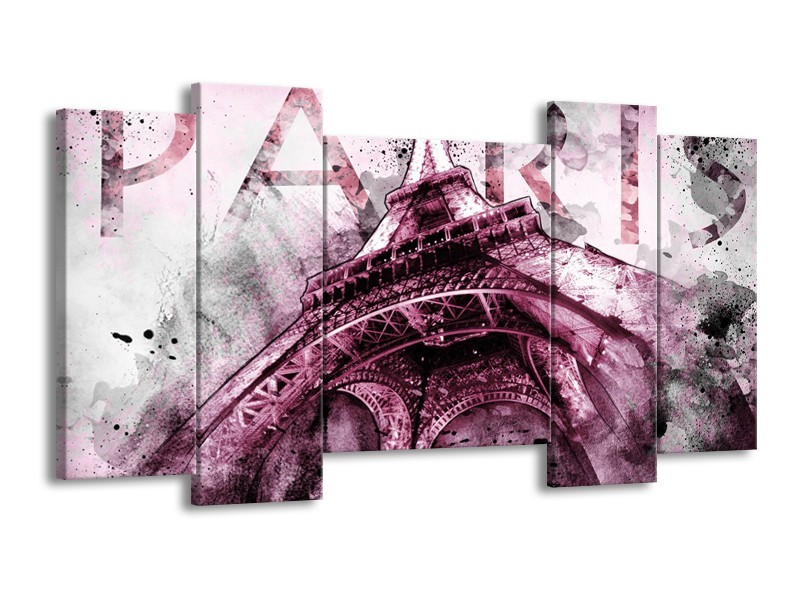 Canvas Schilderij Parijs, Eiffeltoren | Paars, Roze, Grijs | 120x65cm 5Luik