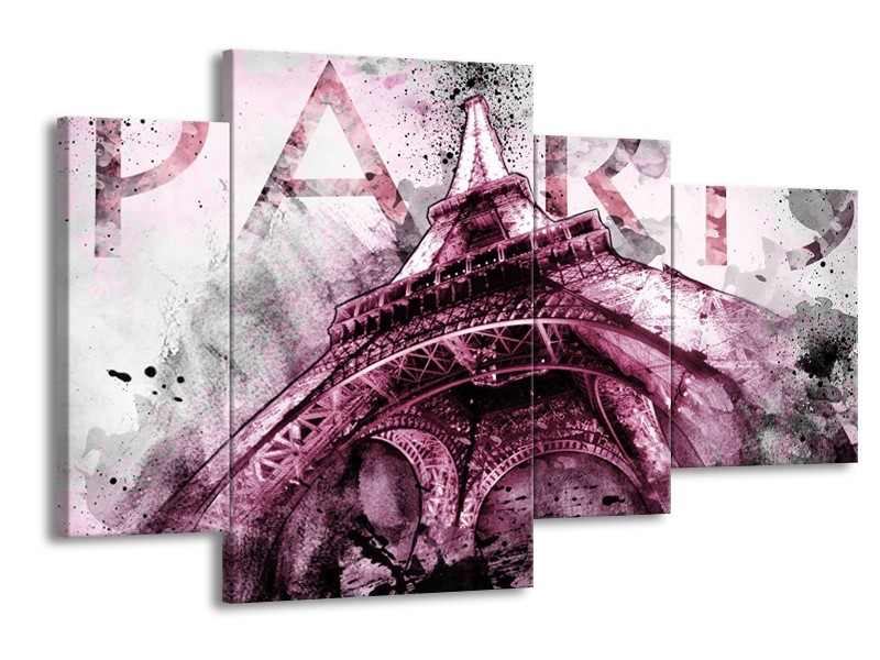 Canvas Schilderij Parijs, Eiffeltoren | Paars, Roze, Grijs | 120x75cm 4Luik