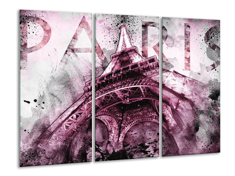 Canvas Schilderij Parijs, Eiffeltoren | Paars, Roze, Grijs | 120x80cm 3Luik