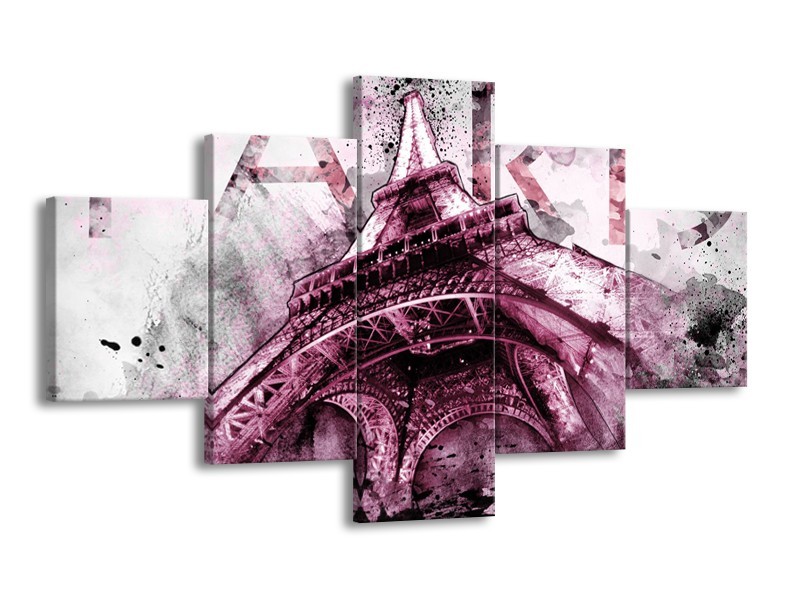 Canvas Schilderij Parijs, Eiffeltoren | Paars, Roze, Grijs | 125x70cm 5Luik