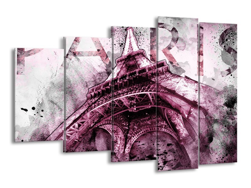 Canvas Schilderij Parijs, Eiffeltoren | Paars, Roze, Grijs | 150x100cm 5Luik