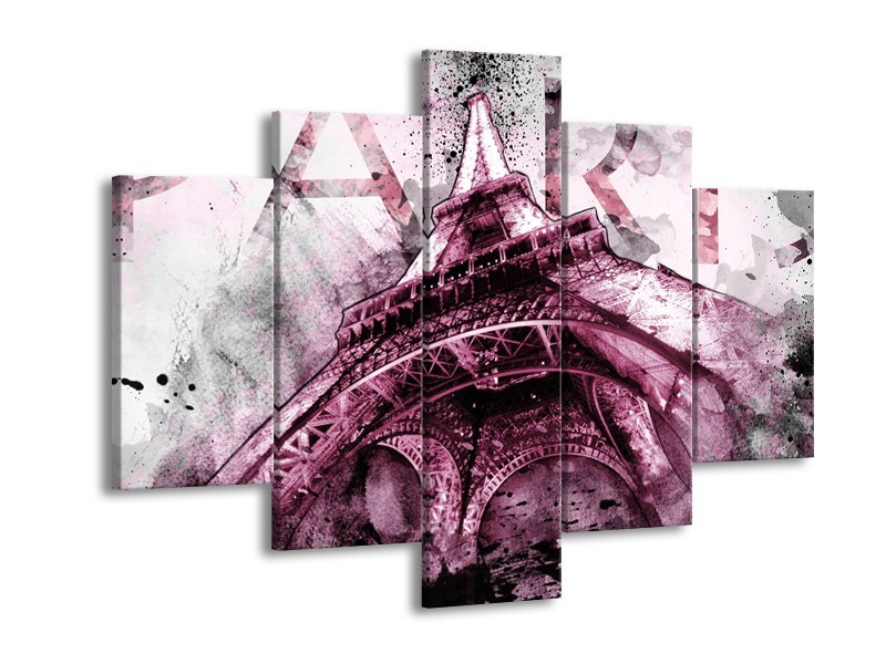 Glasschilderij Parijs, Eiffeltoren | Paars, Roze, Grijs | 150x105cm 5Luik
