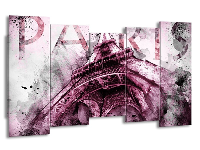 Canvas Schilderij Parijs, Eiffeltoren | Paars, Roze, Grijs | 150x80cm 5Luik