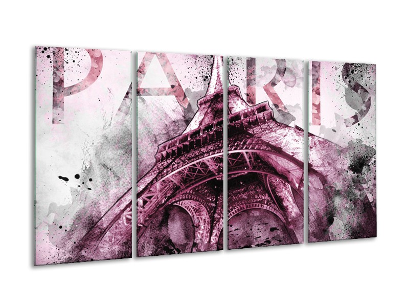 Canvas Schilderij Parijs, Eiffeltoren | Paars, Roze, Grijs | 160x80cm 4Luik
