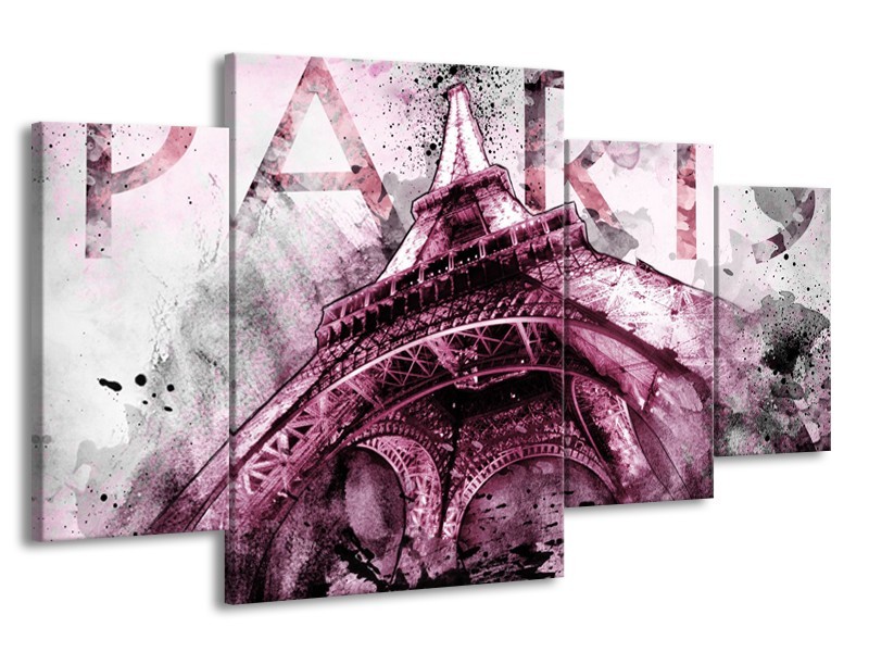 Glasschilderij Parijs, Eiffeltoren | Paars, Roze, Grijs | 160x90cm 4Luik