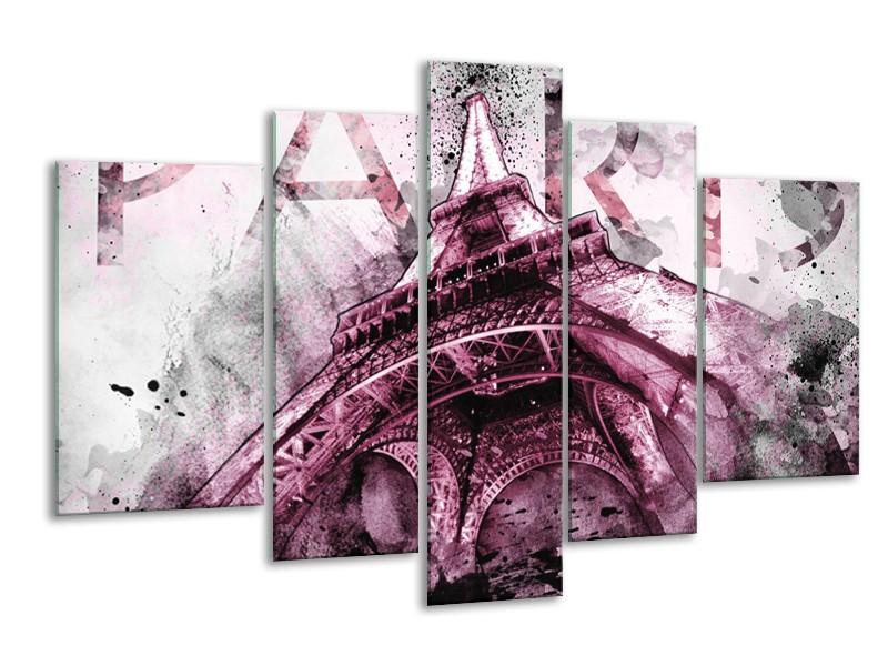 Canvas Schilderij Parijs, Eiffeltoren | Paars, Roze, Grijs | 170x100cm 5Luik