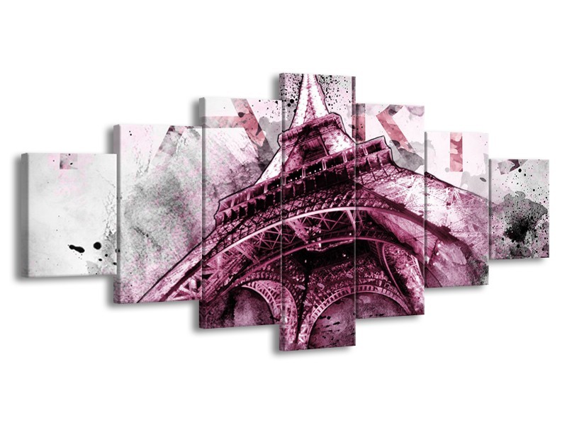Canvas Schilderij Parijs, Eiffeltoren | Paars, Roze, Grijs | 210x100cm 7Luik