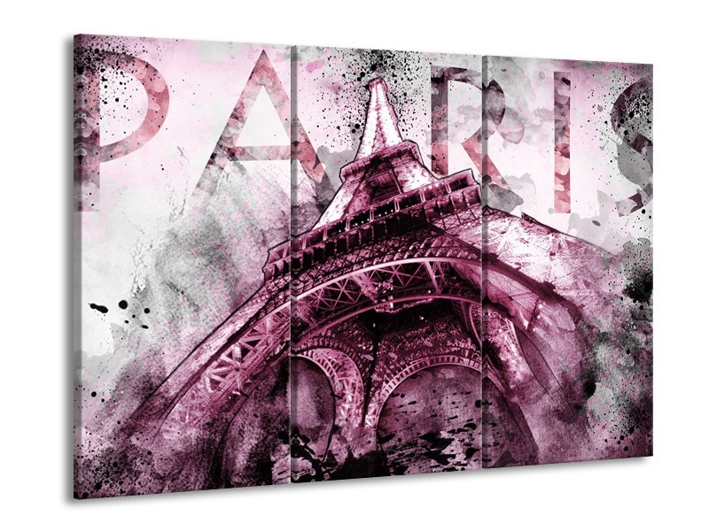 Canvas Schilderij Parijs, Eiffeltoren | Paars, Roze, Grijs | 60x90cm 3Luik