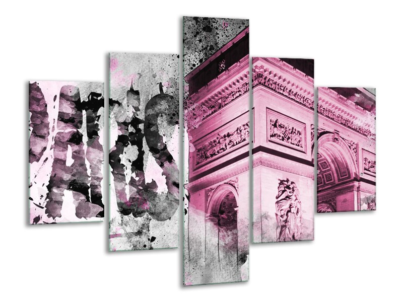 Canvas Schilderij Parijs, Steden | Paars, Roze, Grijs | 100x70cm 5Luik