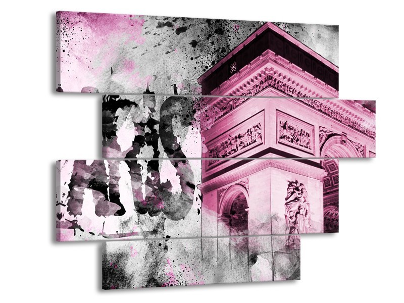 Canvas Schilderij Parijs, Steden | Paars, Roze, Grijs | 115x85cm 4Luik