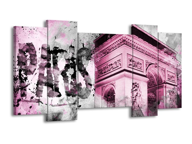 Canvas Schilderij Parijs, Steden | Paars, Roze, Grijs | 120x65cm 5Luik