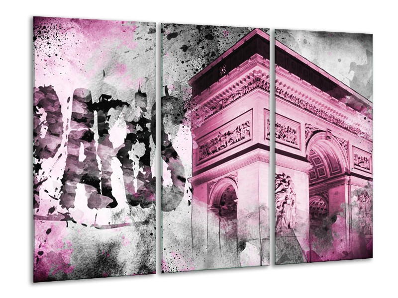 Canvas Schilderij Parijs, Steden | Paars, Roze, Grijs | 120x80cm 3Luik