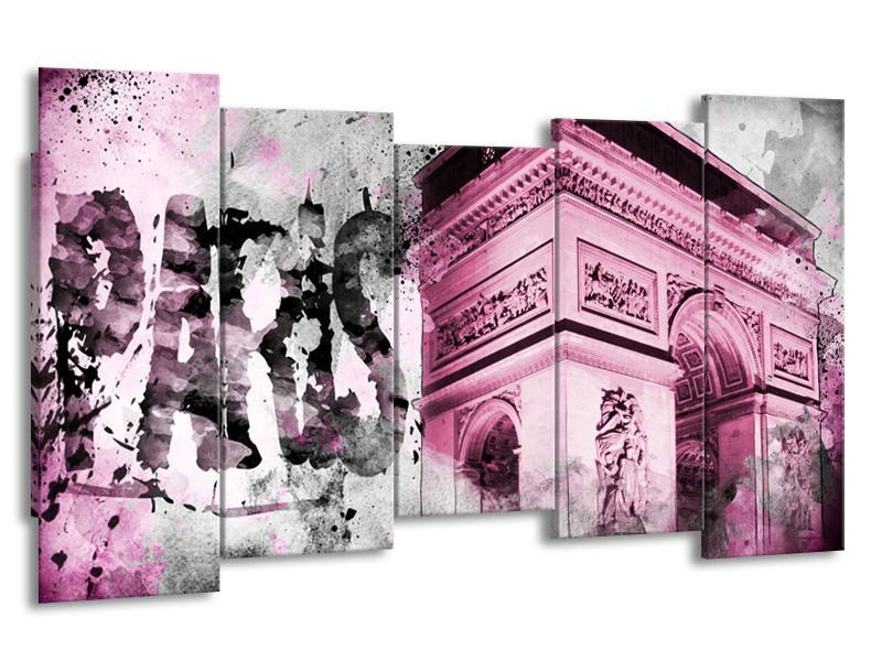 Canvas Schilderij Parijs, Steden | Paars, Roze, Grijs | 150x80cm 5Luik