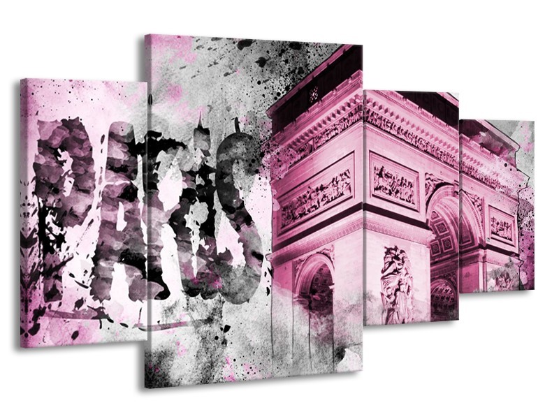 Canvas Schilderij Parijs, Steden | Paars, Roze, Grijs | 160x90cm 4Luik