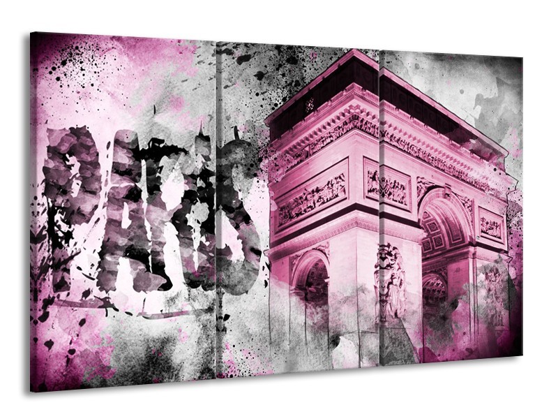 Canvas Schilderij Parijs, Steden | Paars, Roze, Grijs | 165x100cm 3Luik
