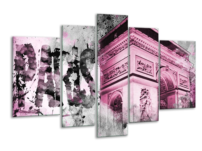 Canvas Schilderij Parijs, Steden | Paars, Roze, Grijs | 170x100cm 5Luik