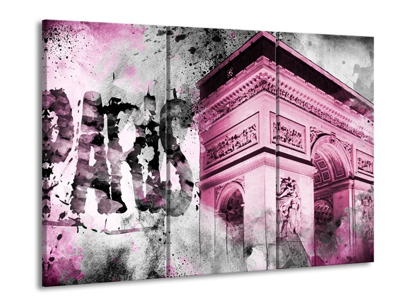 Canvas Schilderij Parijs, Steden | Paars, Roze, Grijs | 60x90cm 3Luik
