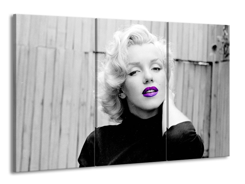 Glasschilderij Marilyn Monroe | Grijs, Zwart Paars | 165x100cm 3Luik