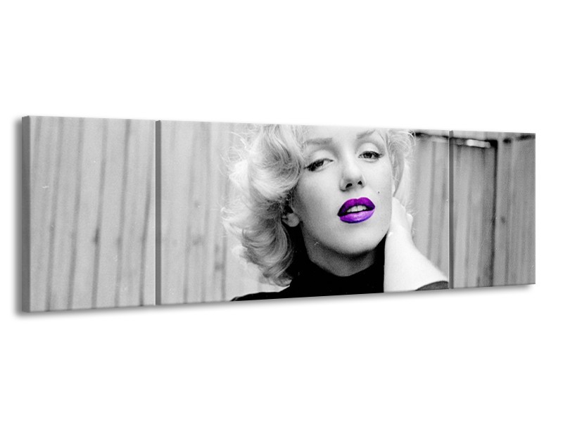 Glasschilderij Marilyn Monroe | Grijs, Zwart Paars | 170x50cm 3Luik