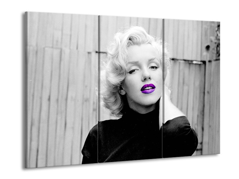 Glasschilderij Marilyn Monroe | Grijs, Zwart Paars | 60x90cm 3Luik