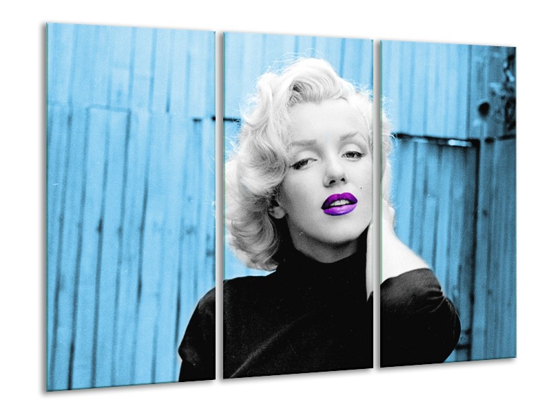 Glasschilderij Marilyn Monroe | Blauw, Zwart, Wit | 120x80cm 3Luik