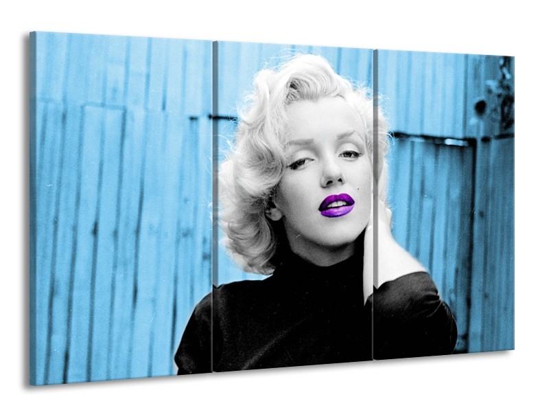 Glasschilderij Marilyn Monroe | Blauw, Zwart, Wit | 165x100cm 3Luik