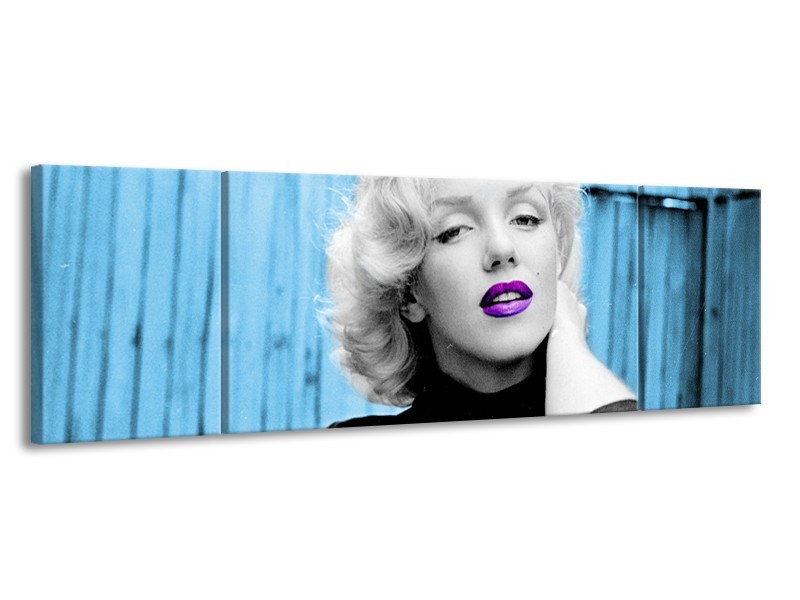 Glasschilderij Marilyn Monroe | Blauw, Zwart, Wit | 170x50cm 3Luik