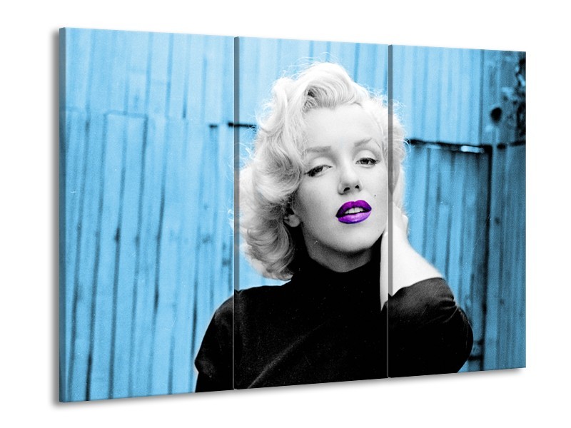 Glasschilderij Marilyn Monroe | Blauw, Zwart, Wit | 60x90cm 3Luik