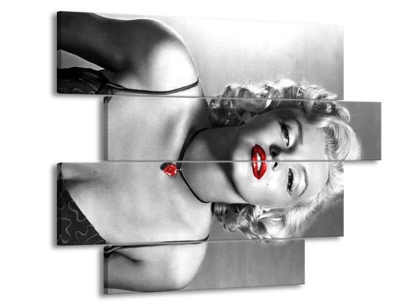 Canvas Schilderij Marilyn Monroe | Zwart, Grijs, Rood | 115x85cm 4Luik