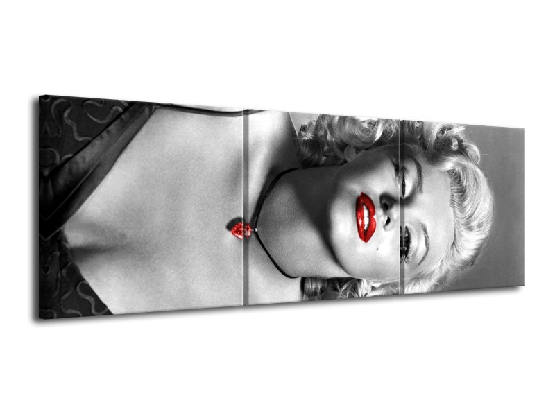 Glasschilderij Marilyn Monroe | Zwart, Grijs, Rood | 120x40cm 3Luik