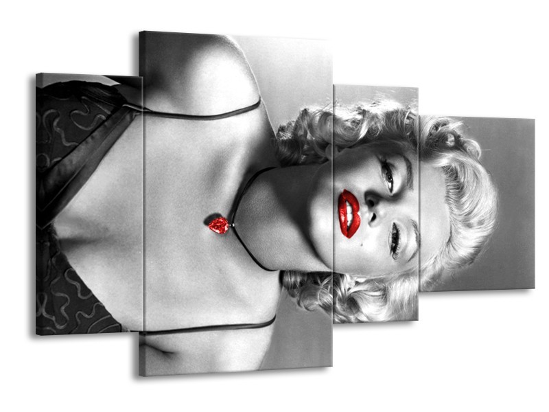 Canvas Schilderij Marilyn Monroe | Zwart, Grijs, Rood | 120x75cm 4Luik