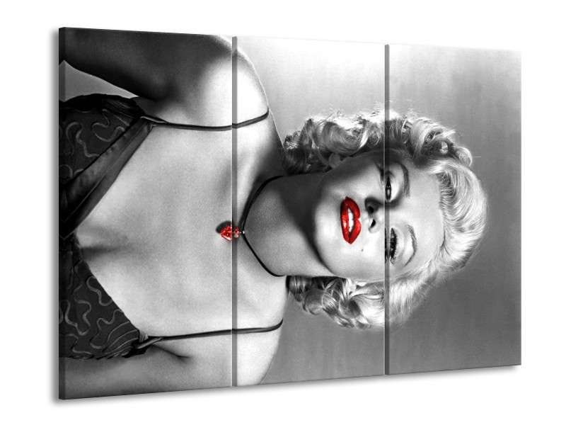 Glasschilderij Marilyn Monroe | Zwart, Grijs, Rood | 60x90cm 3Luik
