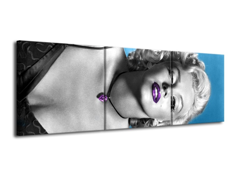 Glasschilderij Marilyn Monroe | Blauw, Grijs, Paars | 120x40cm 3Luik