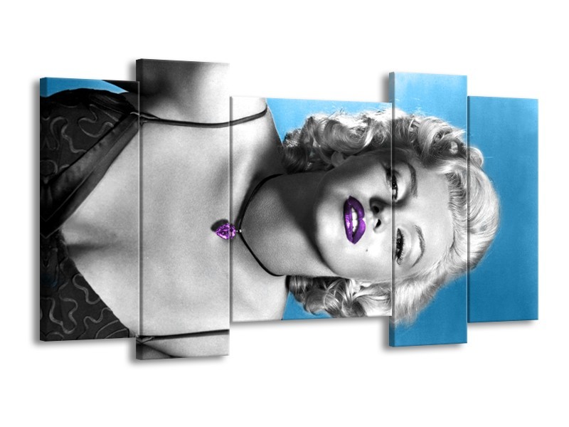 Canvas Schilderij Marilyn Monroe | Blauw, Grijs, Paars | 120x65cm 5Luik