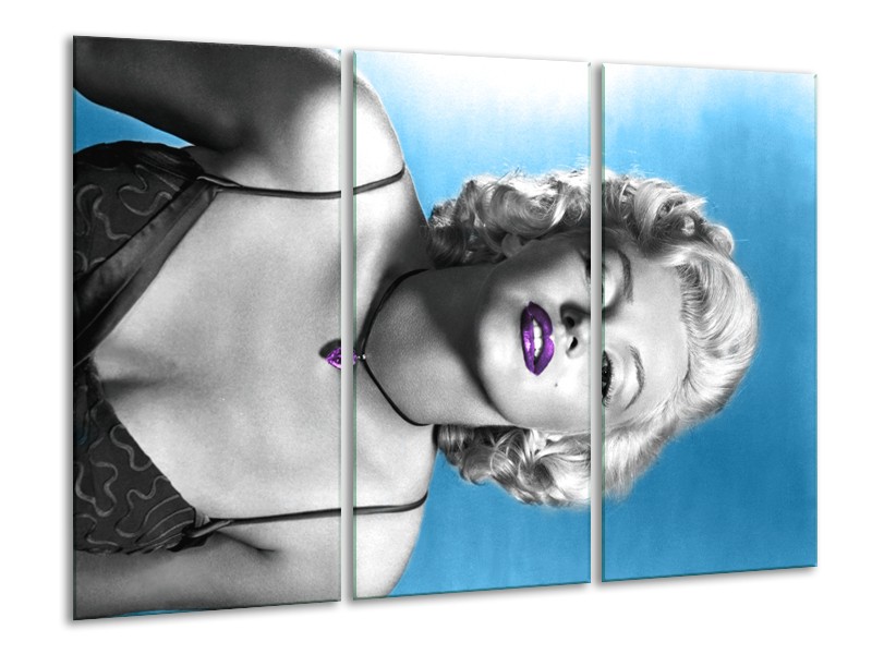 Glasschilderij Marilyn Monroe | Blauw, Grijs, Paars | 120x80cm 3Luik