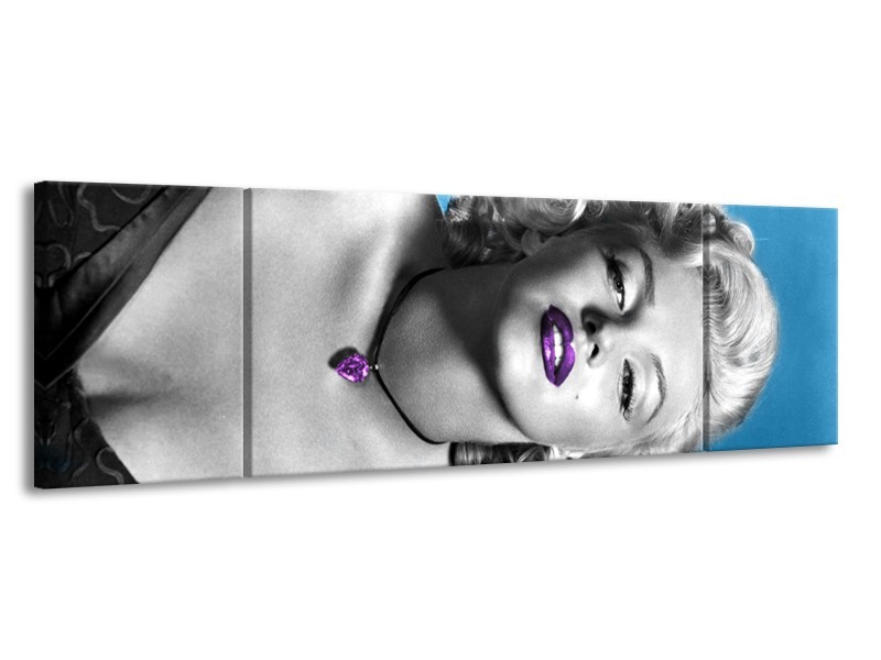 Canvas Schilderij Marilyn Monroe | Blauw, Grijs, Paars | 170x50cm 3Luik